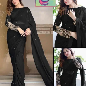 Stitched Saree - Black Crinkle Chiffon with Sequins Embroidery - 2 Pcs Set