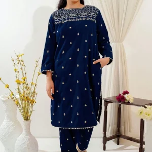 2 Pcs Girl's Linen Embroidered Shirt And Trouser Suit