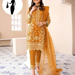 3 Pcs Women's Stitched Organza Embroidered Suit