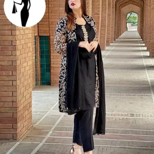 Stylish Women's Stitched Gown Suit Set - 4 Pcs Embroidered Shamoz Silk in Black