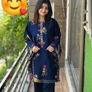 2 Pcs Women's Stitched Linen Embroidered Shirt And Trouser